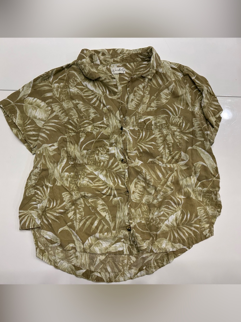 Lightweight Olive Green Tropical Print Button-Up Top - Women
